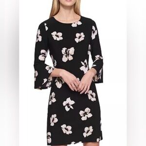 Tommy Hilfiger Black with Pink Dogwood Floral Bell Sleeve Dress